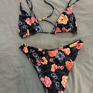 Skatie Black Bikini with Floral Pink and Orange